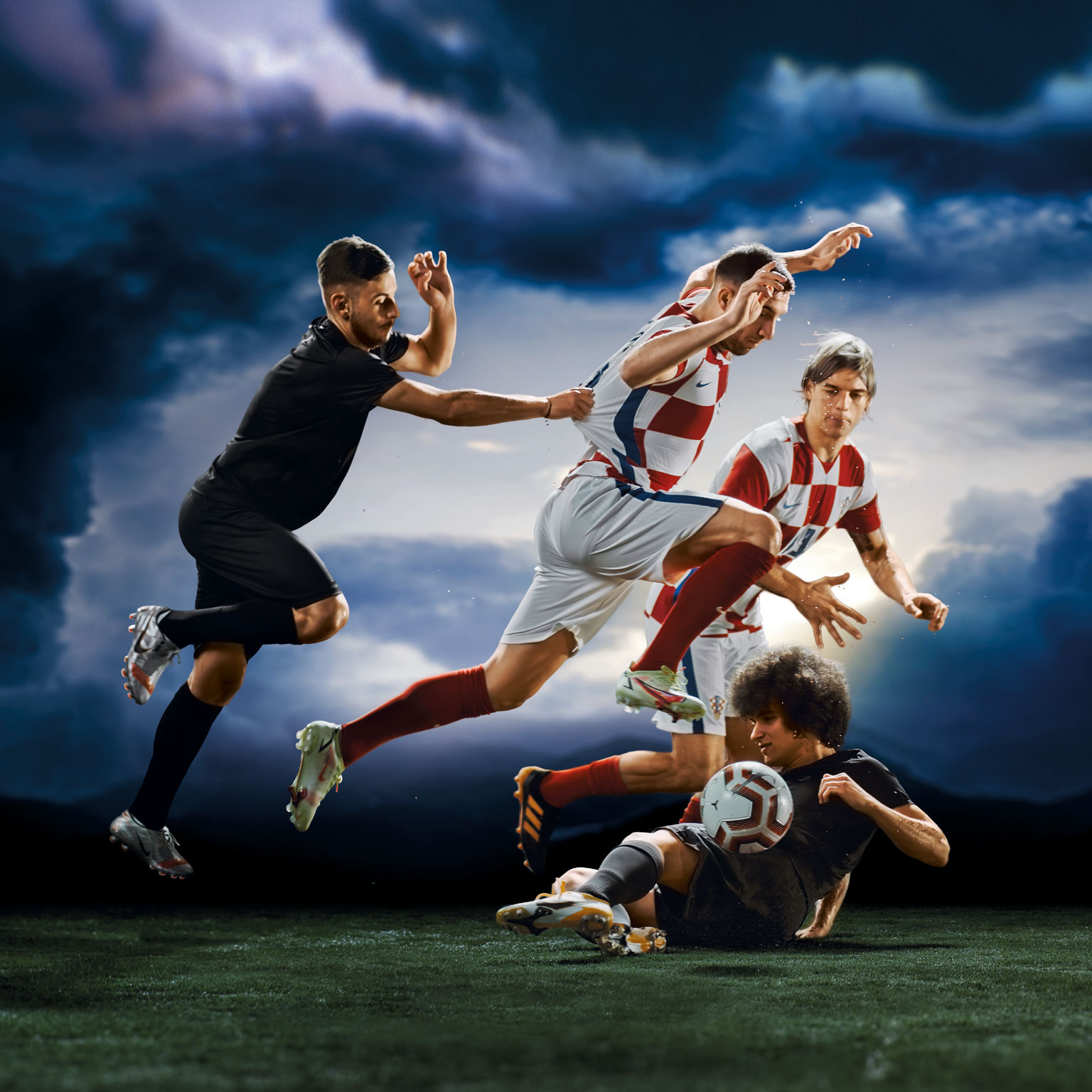 croatian footballers Sosa and Ivanusec tackling and dribbling on a stormy background
