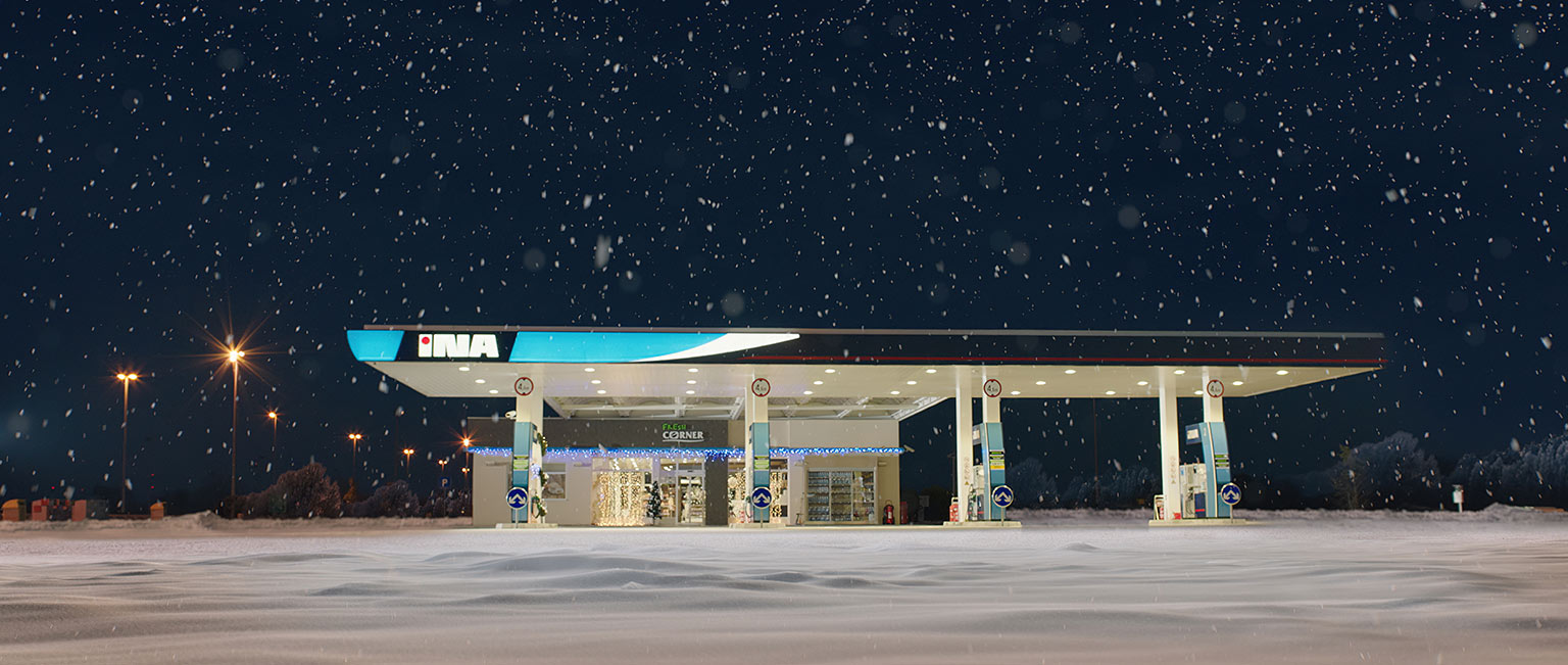 ina gas station at night in the snow