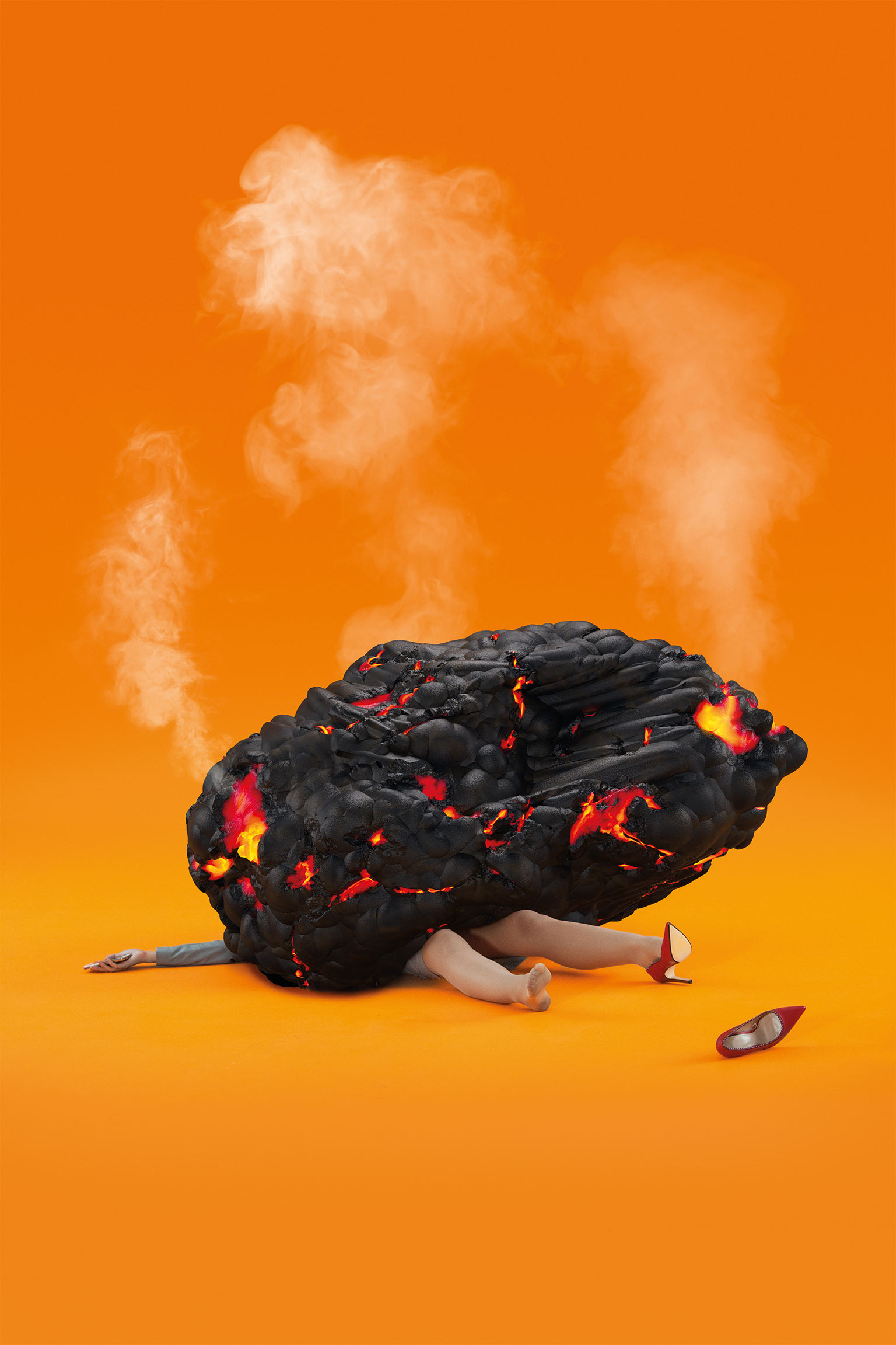 woman being crushed by a meteor, orange background