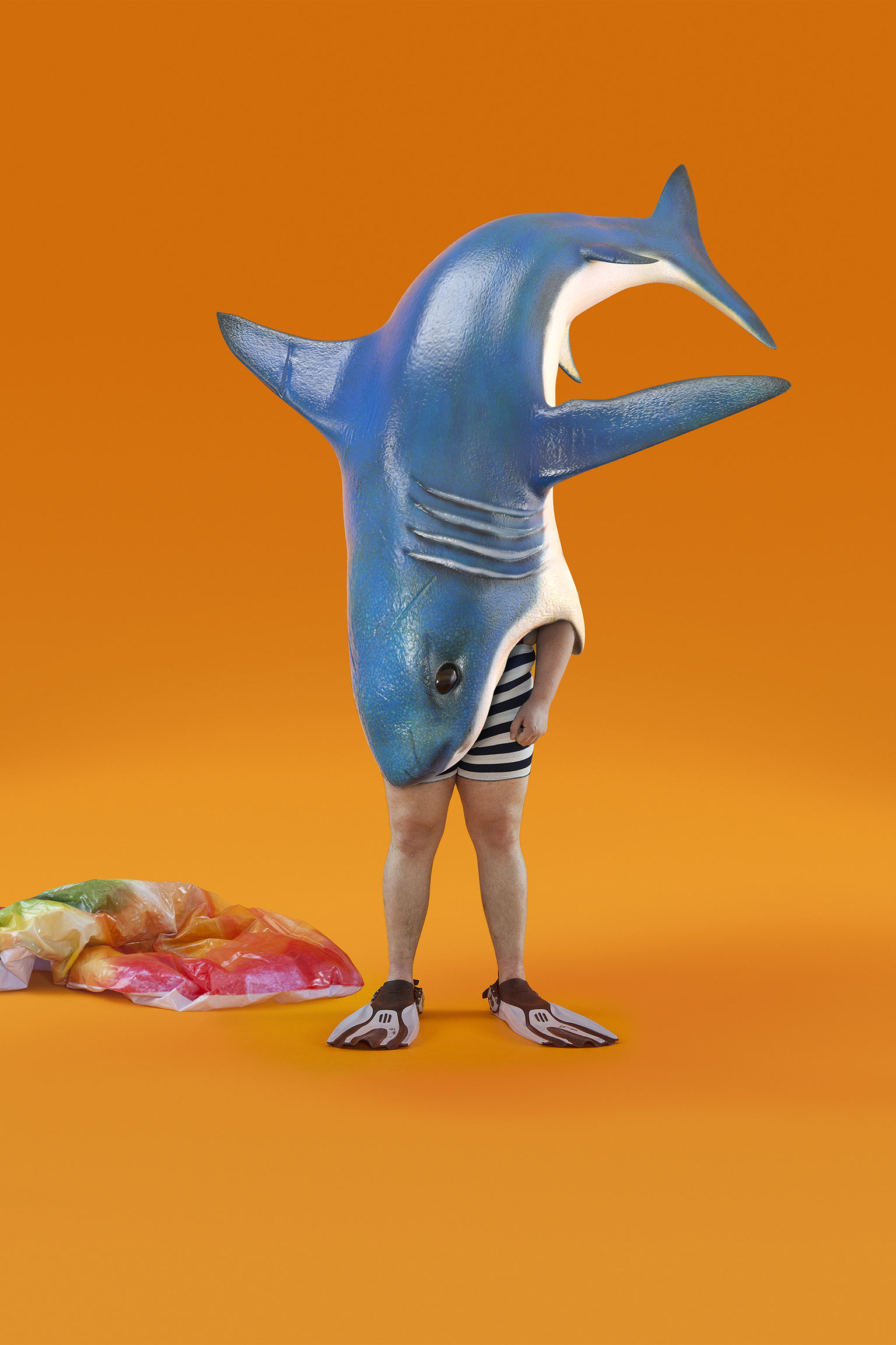 man standing in flippers humorously swallowed whole by a shark on an orange background