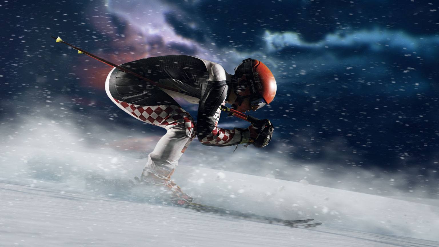 Croatian skiier Filip Zupcic skiing down a snowy slope on a stormy background